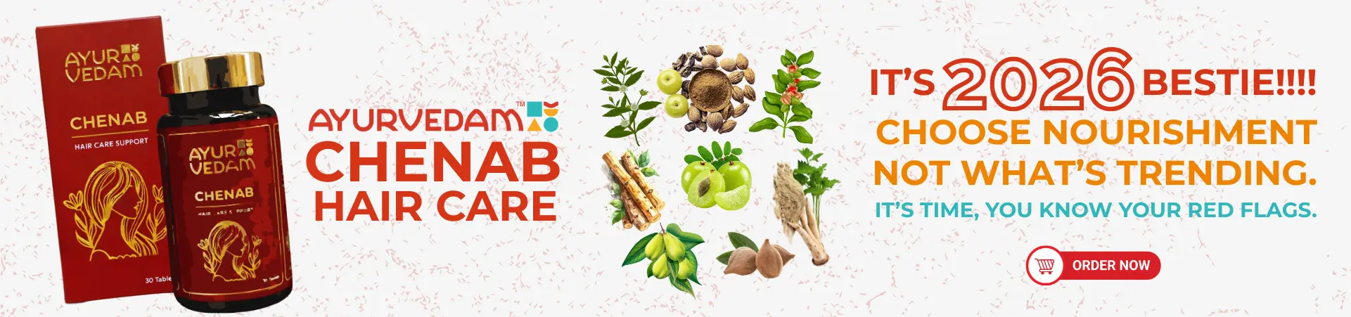 Ayurvedam Chenab Hair Care Support tablets in premium red packaging with a gold-capped bottle. Features natural Ayurvedic ingredients like Amla and Ashwagandha, with promotional text 