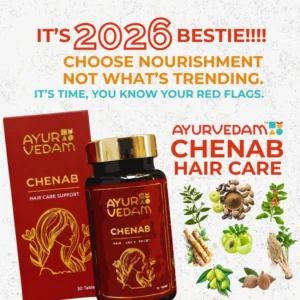 Mobile-optimized banner for Ayurvedam Chenab Hair Care Support. Shows a 30-tablet red box and bottle alongside botanical illustrations of herbs. Includes the slogan "It’s time, you know your red flags" for professional Ayurvedic hair health.