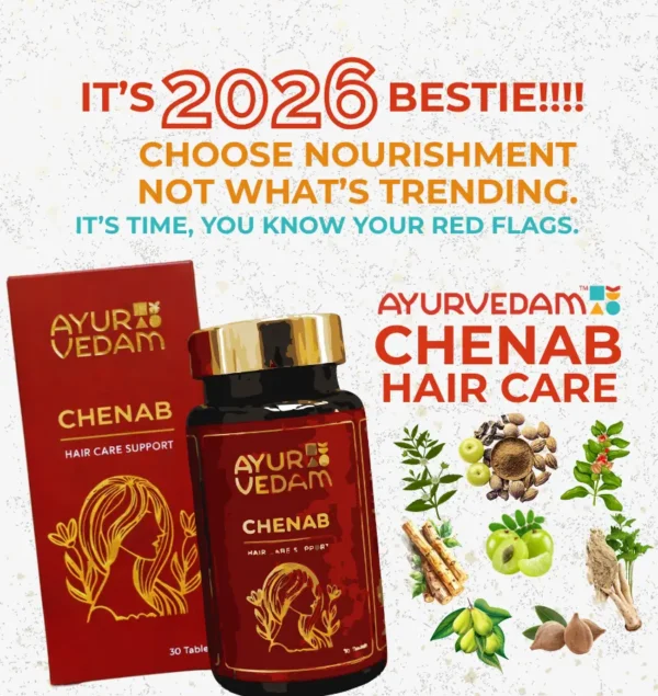 Mobile-optimized banner for Ayurvedam Chenab Hair Care Support. Shows a 30-tablet red box and bottle alongside botanical illustrations of herbs. Includes the slogan "It’s time, you know your red flags" for professional Ayurvedic hair health.