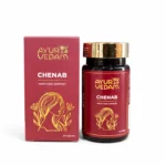Ayur Vedam Chenab Hair Care Support tablets, 30 count, in a maroon bottle and packaging featuring a gold-line illustration of a woman with flowing hair.