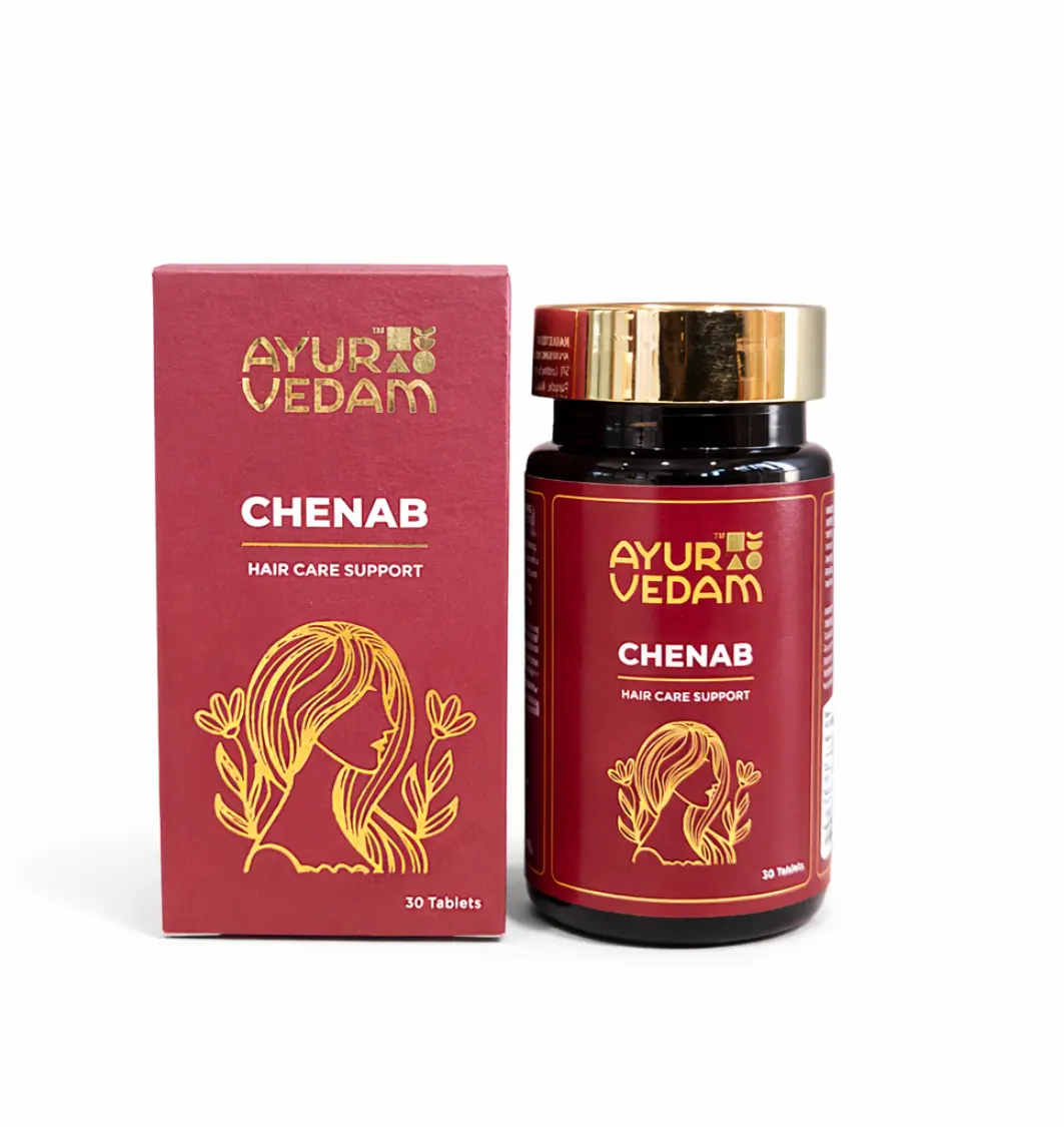 Ayur Vedam Chenab Hair Care Support tablets, 30 count, in a maroon bottle and packaging featuring a gold-line illustration of a woman with flowing hair.