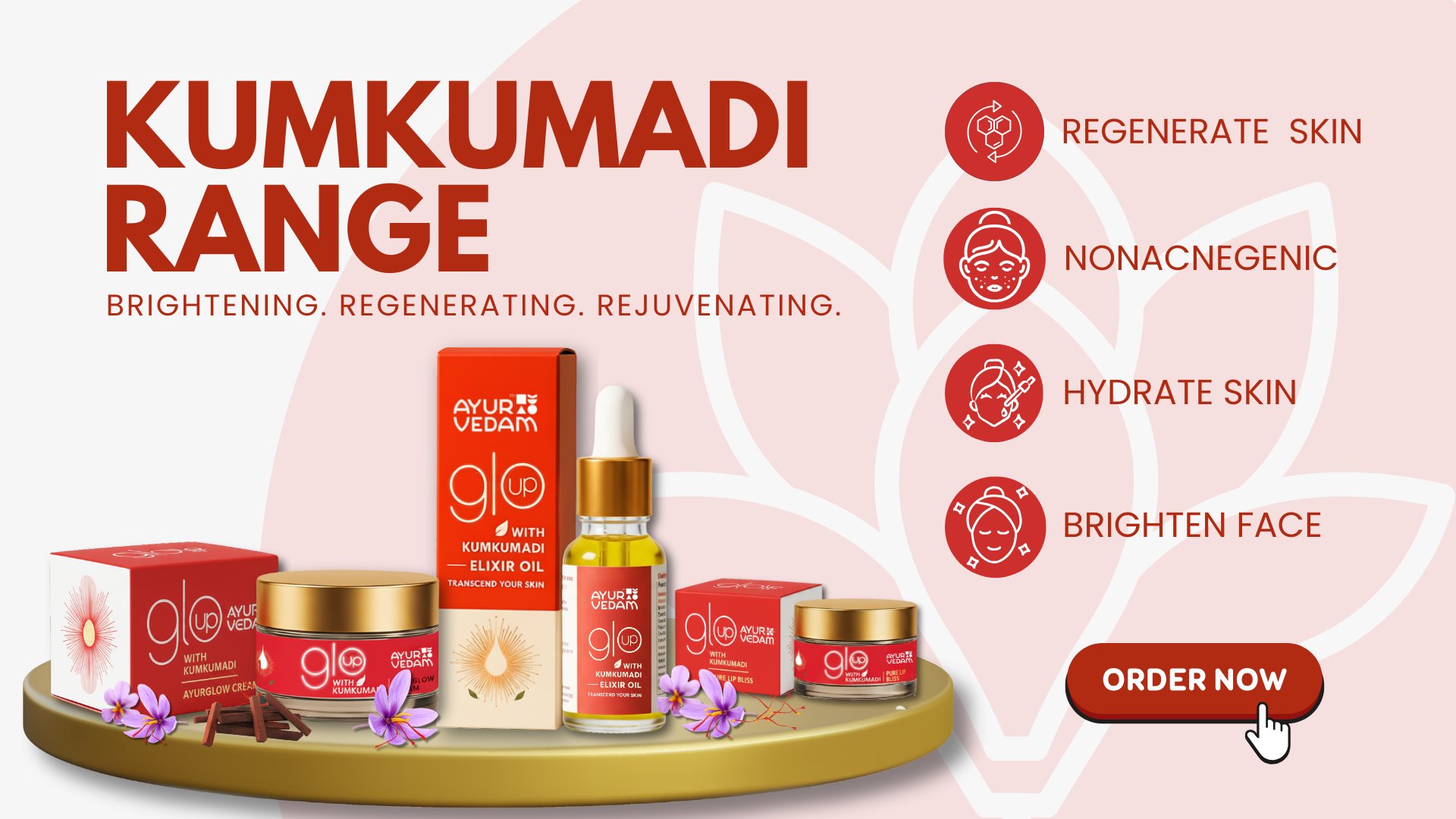 3 products of kumkumadi viz, Ayurvedam Ayurglow Cream, Elixir Oil and Ayurvedam Pure Lip Bliss Balm, with their benefits written on the background and a order now button, banner for Collection Page