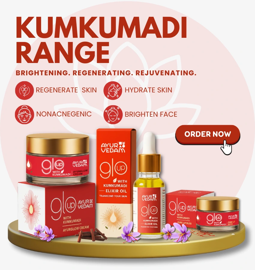 3 products of kumkumadi viz, Ayurvedam Ayurglow Cream, Elixir Oil and Ayurvedam Pure Lip Bliss Balm, with their benefits written on the background and a order now button, mobile banner