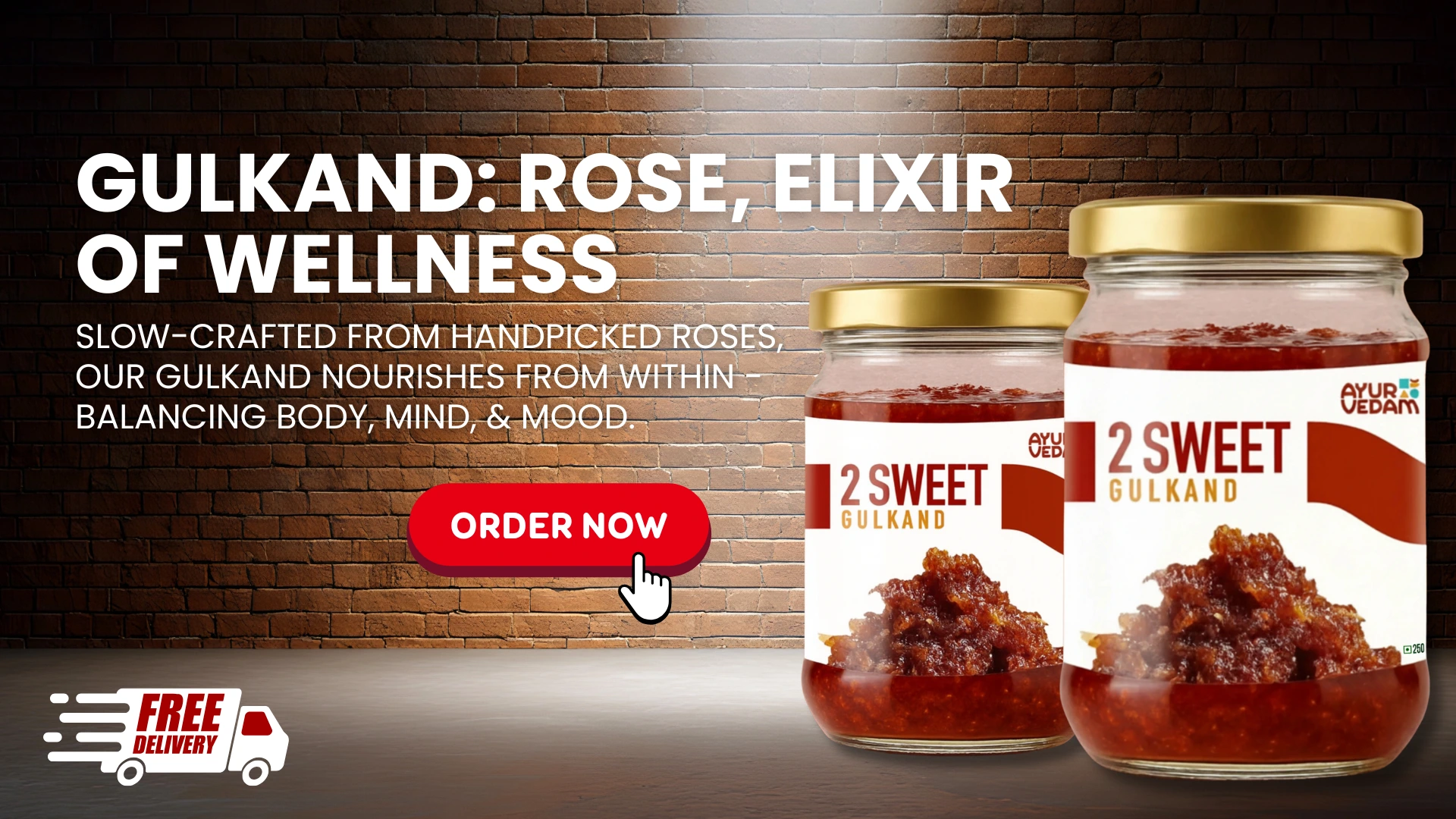 A jar of Gulkand by Ayurvedam (250g, 500g) with the benefits written on the background and a order now button product banner