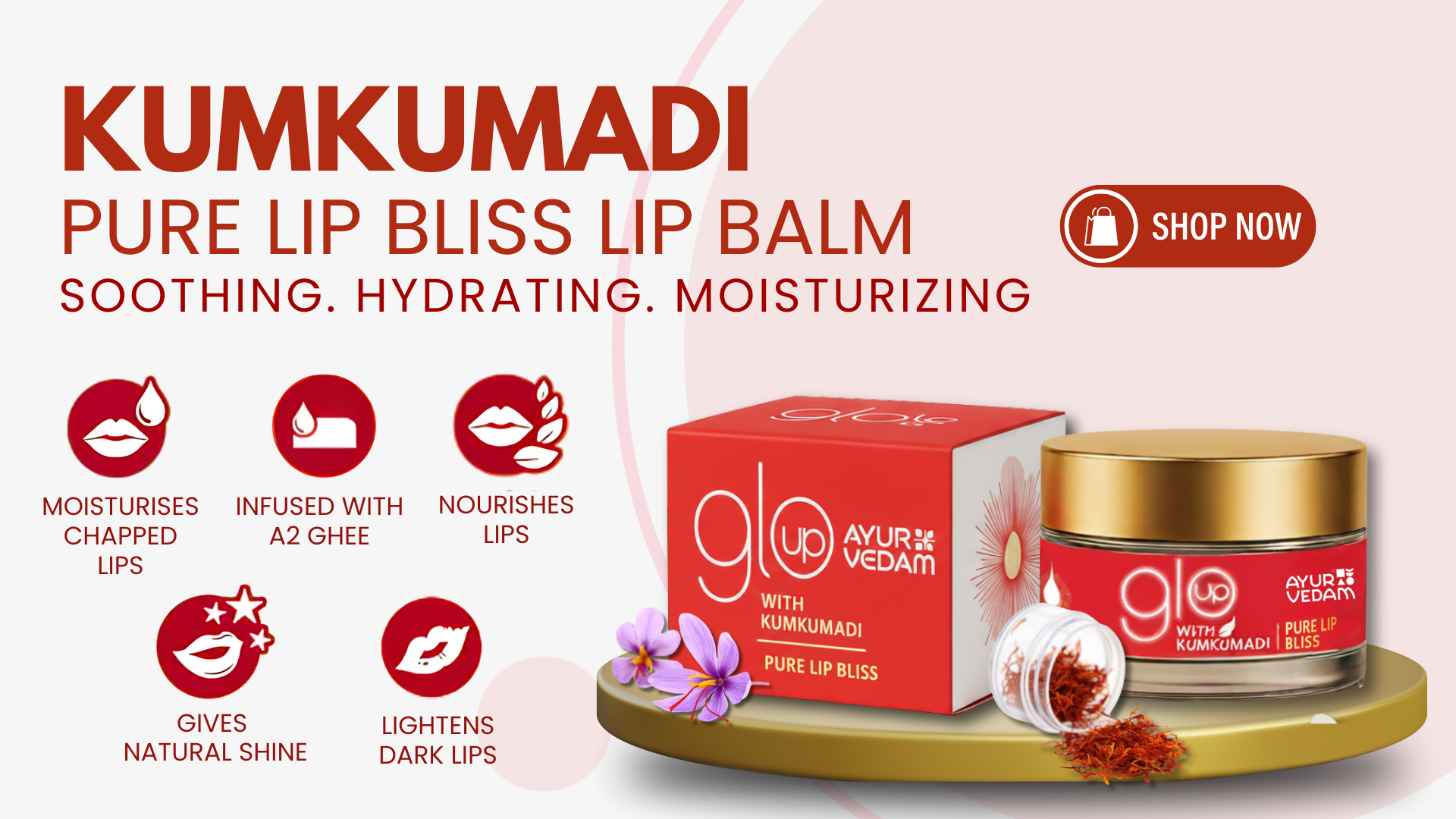 Ayurvedam Kumkumadi Pure Lip Bliss Lip Balm, with the benefits of it written on the background and a shop now button, banner for product page