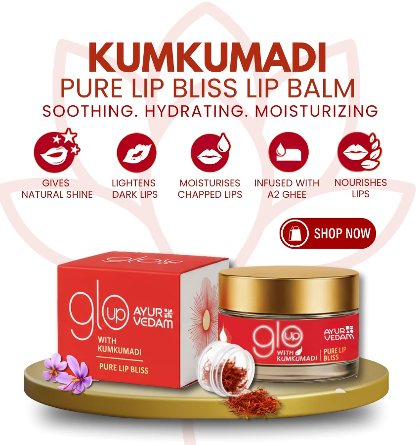 Ayurvedam Kumkumadi Pure Lip Bliss Lip Balm, with the benefits of it written on the background and a shop now button, mobile banner
