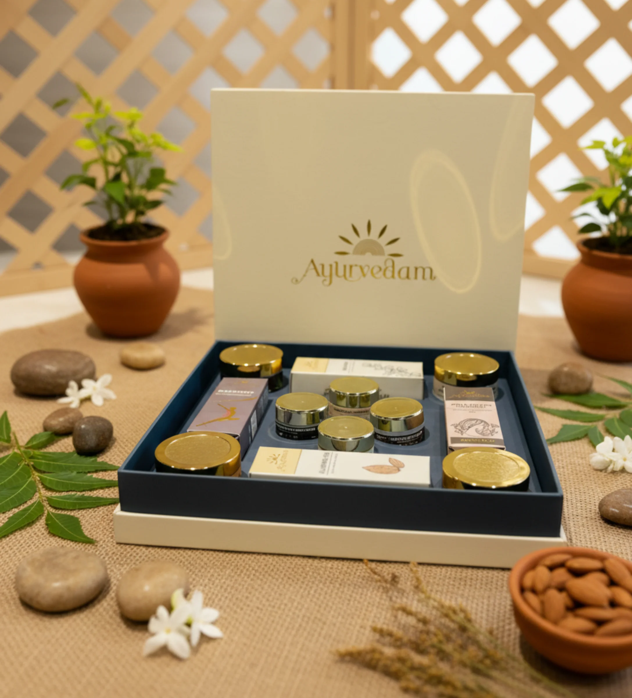 Ayurvedam-branded gift box containing Ayurvedic wellness products, displayed on a natural jute surface with neem leaves, white flowers, smooth stones, clay pots, and almonds for a traditional and earthy aesthetic.
