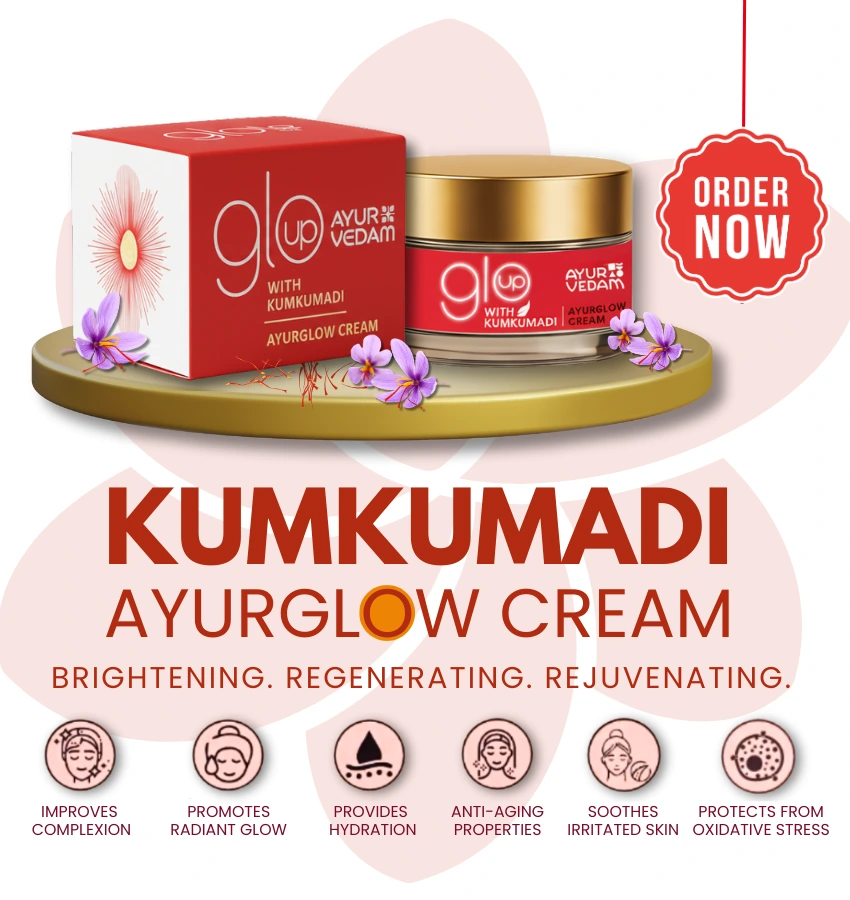 Ayurvedam Kumkumadi Ayurglow Cream, with the benefits of it written on the background and a order now button, mobile banner