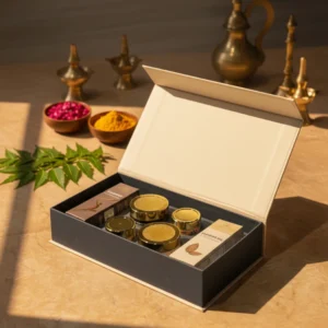 Elegant Ayurvedic gift box with wellness products placed on a sunlit surface, surrounded by neem leaves, turmeric, dried rose petals, and traditional brass decor items.