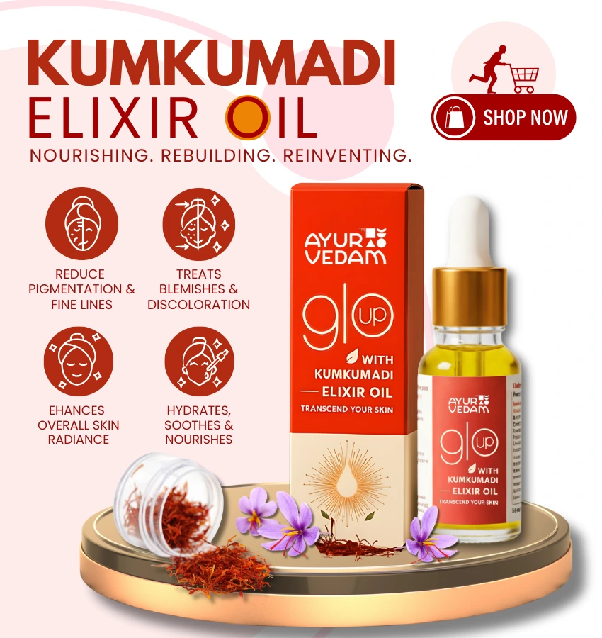 Ayurvedam Kumkumadi Elixir Oil, with the benefits of it written on the background and a shop now button, mobile banner