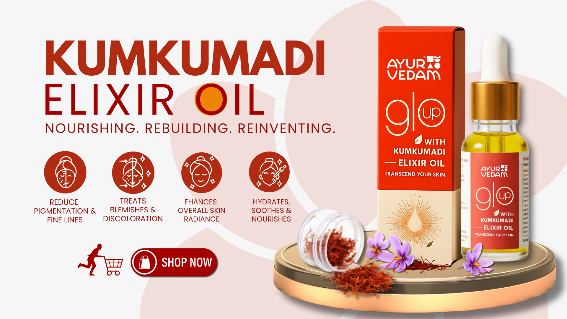 Ayurvedam Kumkumadi Elixir Oil, with the benefits of it written on the background and a shop now button, banner for product page