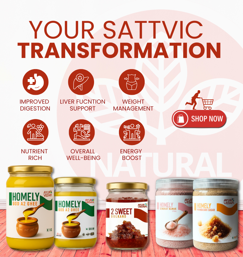 3 Jars of Ayurvedam Homely God A2 Ghee, 1 Jar of Ayurvedam Gulkand, 1 Jar of Ayurvedam Pink Sendhav, 1 Jar of Ayurvedam Khandsari Sugar mobile banner