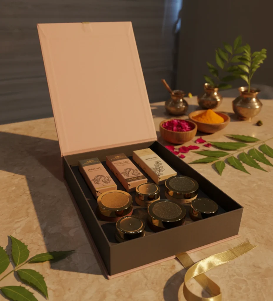 A Giftbox of Pink Purity by Ayurvedam containing Ayurvedic wellness products, displayed on a natural jute surface with neem leaves, white flowers, smooth stones, clay pots, and almonds for a traditional and earthy aesthetic.