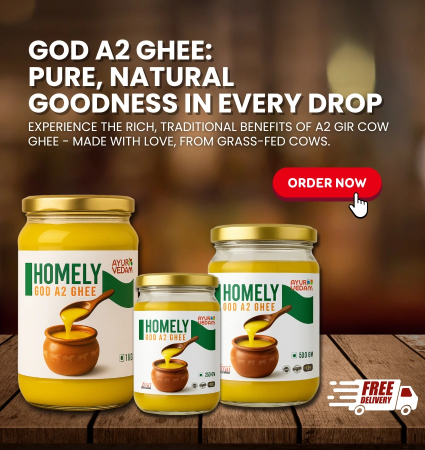 3 Jars of Ayurvedam God A2 Homely Ghee of 250g, 500g, 1kg, with a order now button in the background mobile banner