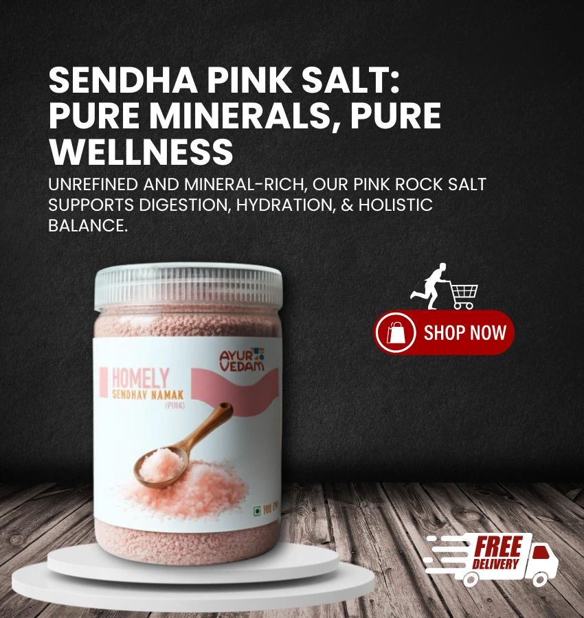 Ayurvedam Pink Sendhav Namak Jar of 500g with the benefits written on the background and a shop now button mobile banner