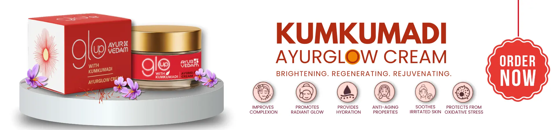 Ayurvedam Kumkumadi Ayurglow Cream, with the benefits of it written on the background and a order now button