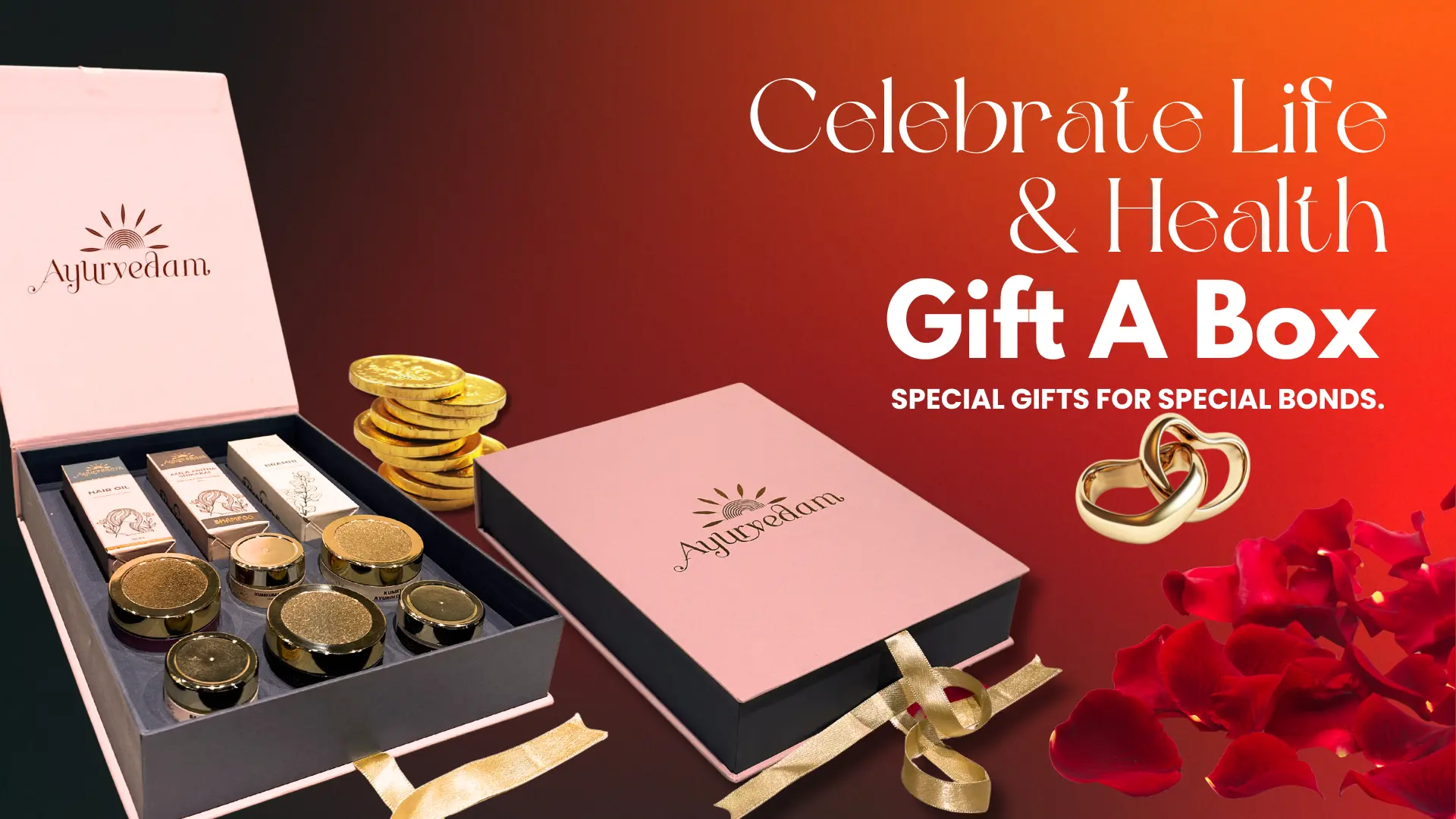 Ayurvedam's Giftbox of Pink Purity, containing Ayurvedic wellness products, displayed on a natural jute surface with neem leaves, white flowers, smooth stones, clay pots, and almonds for a traditional and earthy aesthetic.