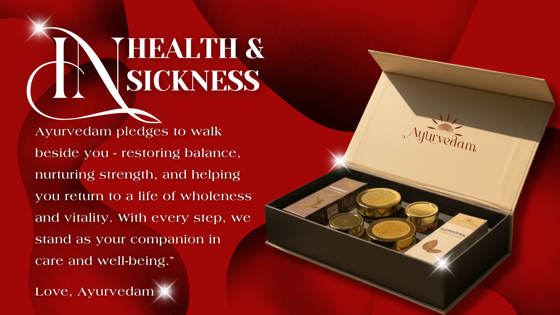 Elegant Ayurvedic gift box with wellness products placed on a sunlit surface, surrounded by neem leaves, turmeric, dried rose petals, and traditional brass decor items mobile banner