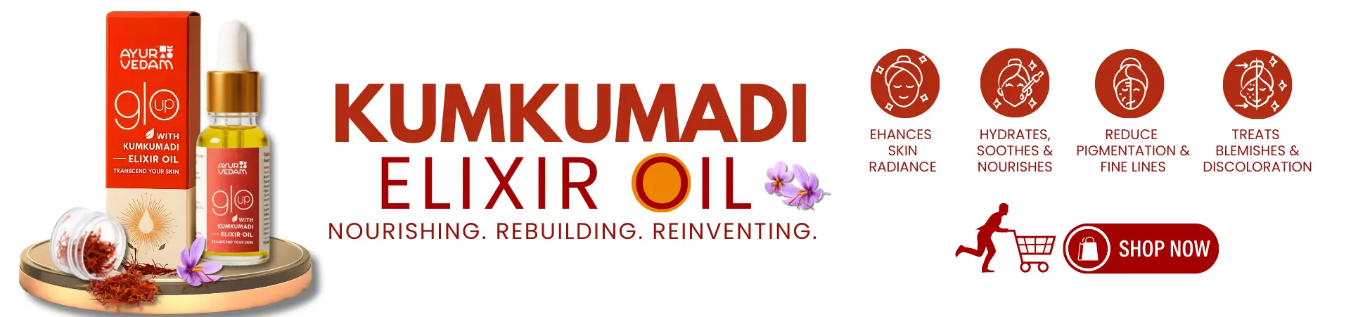 Ayurvedam Kumkumadi Elixir Oil, with the benefits of it written on the background and a shop now button