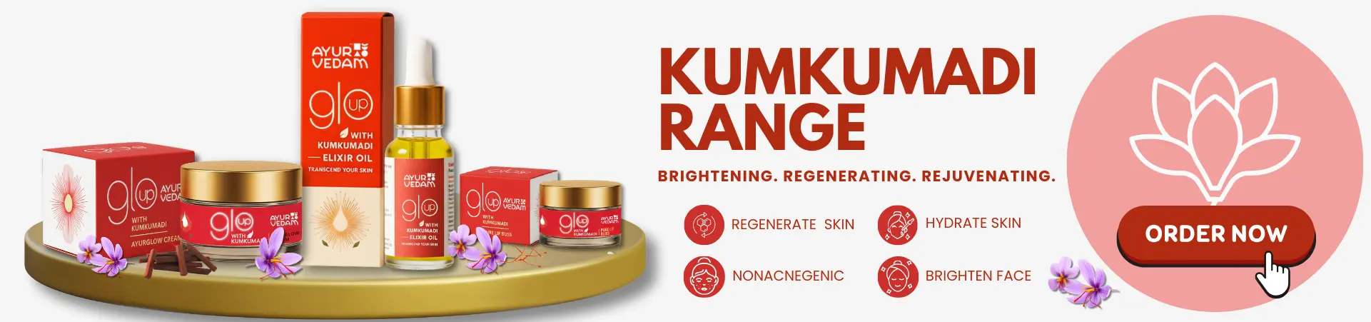 3 products of kumkumadi viz, Ayurvedam Ayurglow Cream, Elixir Oil and Ayurvedam Pure Lip Bliss Balm, with their benefits written on the background and a order now button