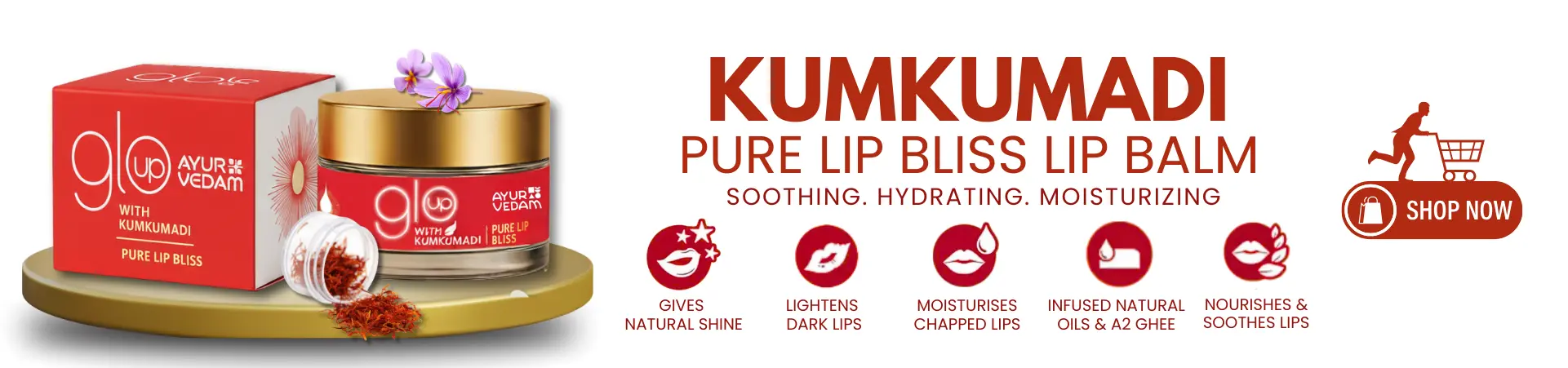 Ayurvedam Kumkumadi Pure Lip Bliss Lip Balm, with the benefits of it written on the background and a order now button
