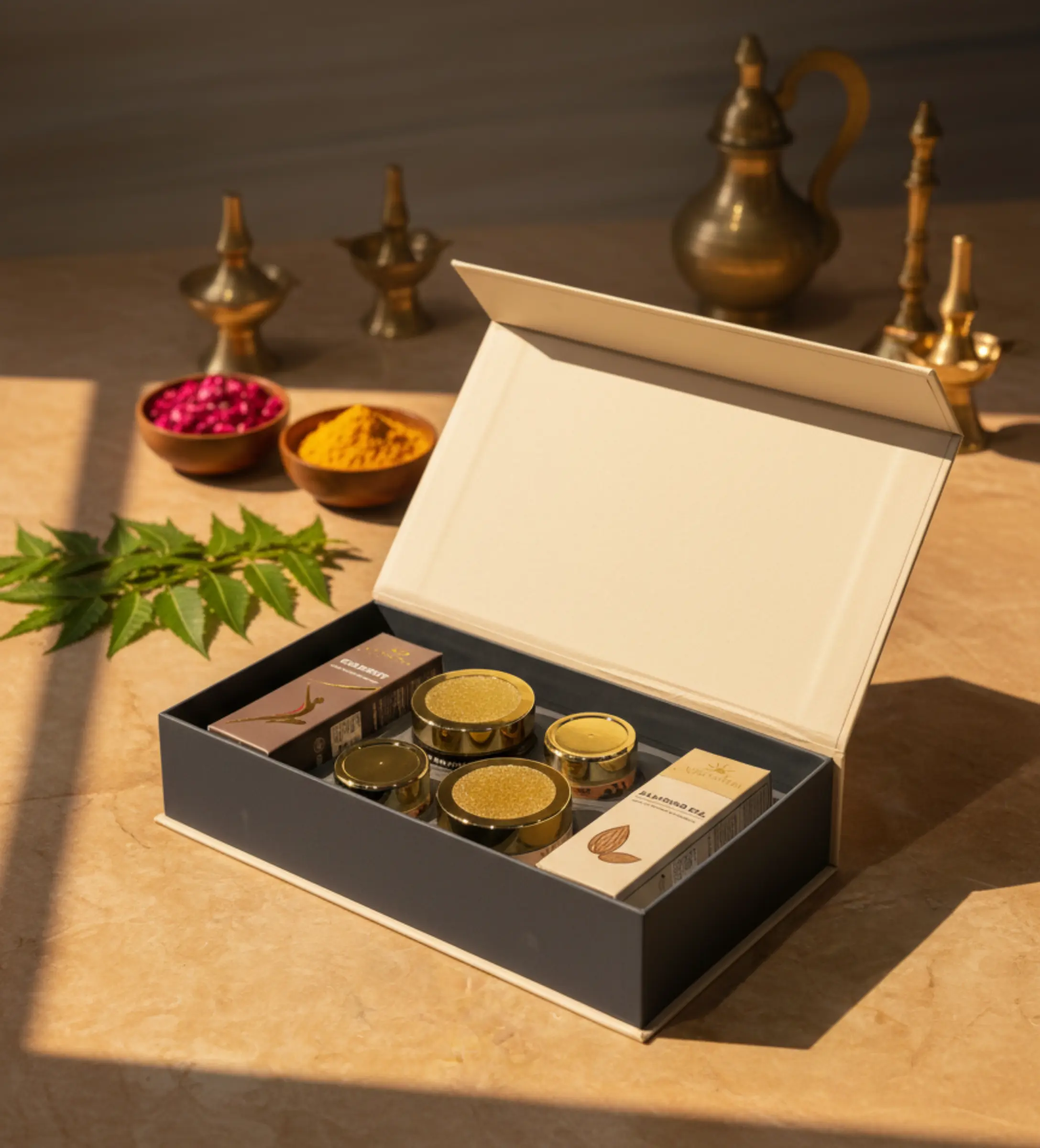 Elegant Ayurvedic gift box with wellness products placed on a sunlit surface, surrounded by neem leaves, turmeric, dried rose petals, and traditional brass decor items mobile gifting banner