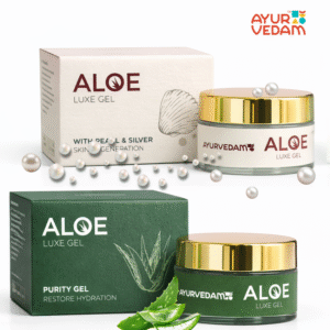Ayurvedam Aloe Luxe Gel skincare collection featuring Purity Gel for hydration and Pearl & Silver gel for skin regeneration. Professional product packaging with gold-capped jars, aloe vera leaves, and decorative pearls.