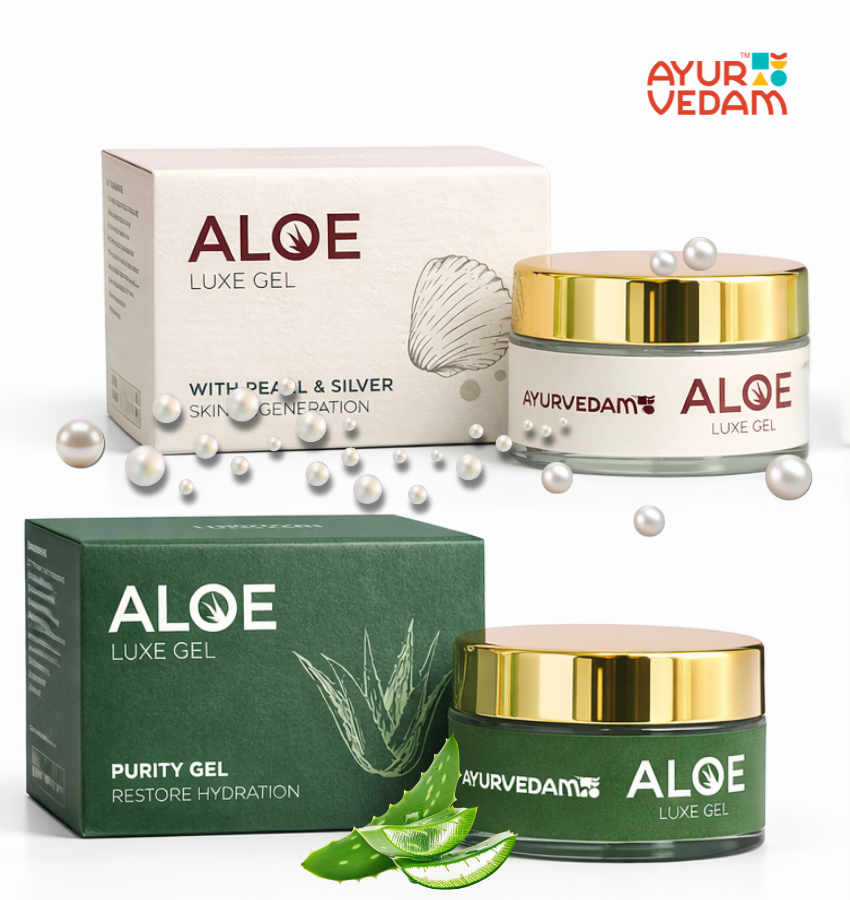 Ayurvedam Aloe Luxe Gel skincare collection featuring Purity Gel for hydration and Pearl & Silver gel for skin regeneration. Professional product packaging with gold-capped jars, aloe vera leaves, and decorative pearls.