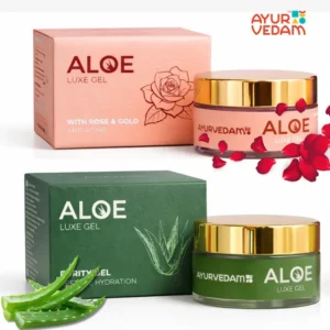 Ayurvedam-Aloe-Luxe-Gel-Combo-pack-featuring-Purity-Gel-for-hydration-and-Rose-Gold-Gel-for-anti-aging-in-premium-gold-capped-jars-and-boxes