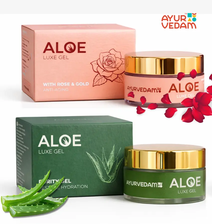 Ayurvedam-Aloe-Luxe-Gel-Combo-pack-featuring-Purity-Gel-for-hydration-and-Rose-Gold-Gel-for-anti-aging-in-premium-gold-capped-jars-and-boxes