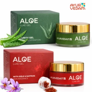 Ayurvedam's Aloe Gold Saffron Luxe Gel and Aloe Purity Gel with their box