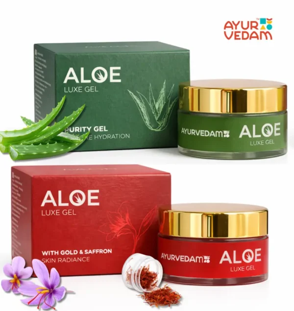 Ayurvedam's Aloe Gold Saffron Luxe Gel and Aloe Purity Gel with their box