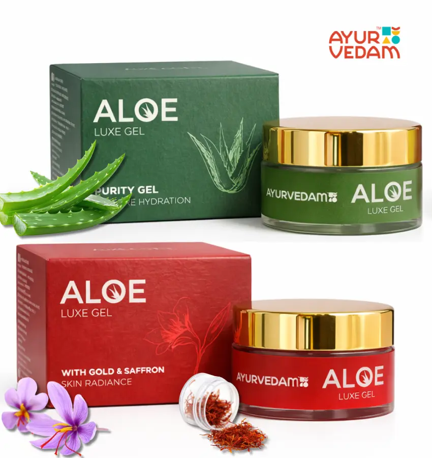 Ayurvedam's Aloe Gold Saffron Luxe Gel and Aloe Purity Gel with their box