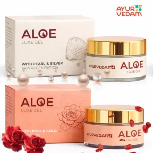 Ayurvedam Aloe Luxe Gel combo featuring Rose Gold Anti-Aging gel and Pearl with Silver Skin Regeneration gel, shown with their matching product boxes, a red rose, and decorative pearls in shells.
