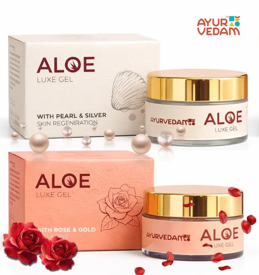 Ayurvedam Aloe Luxe Gel combo featuring Rose Gold Anti-Aging gel and Pearl with Silver Skin Regeneration gel, shown with their matching product boxes, a red rose, and decorative pearls in shells.
