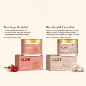 Ayurvedam Aloe Luxe Gel jars showing creamy texture of Pearl & Silver and Rose Gold variants for skin hydration