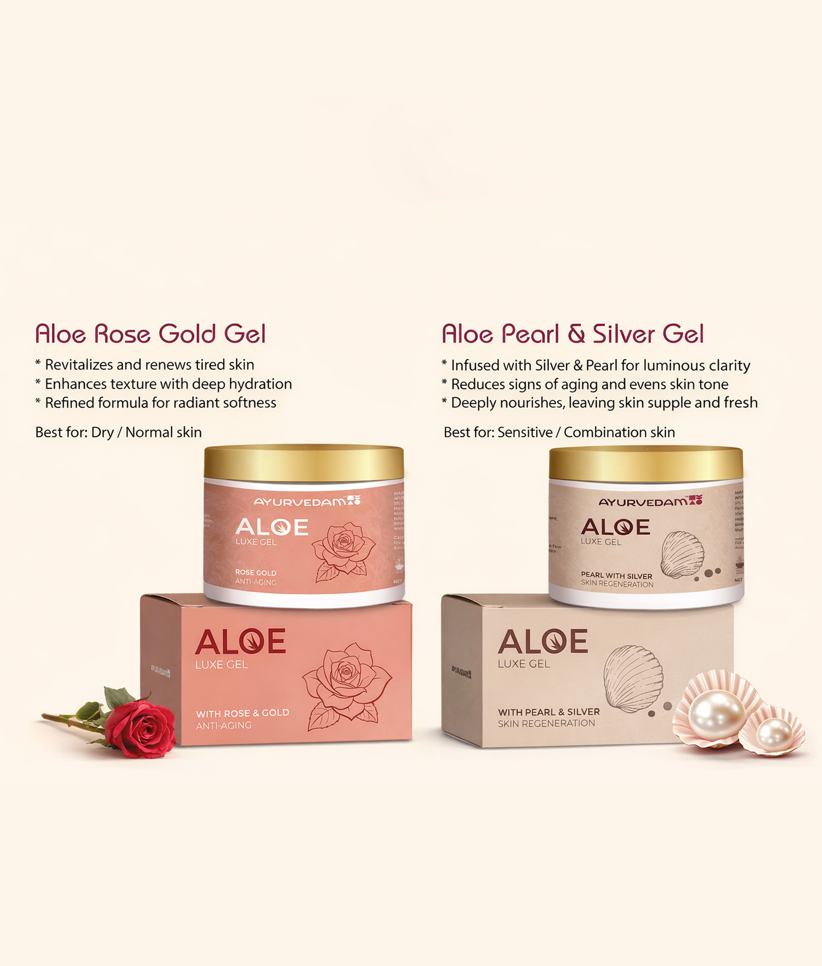 Ayurvedam Aloe Luxe Gel jars showing creamy texture of Pearl & Silver and Rose Gold variants for skin hydration