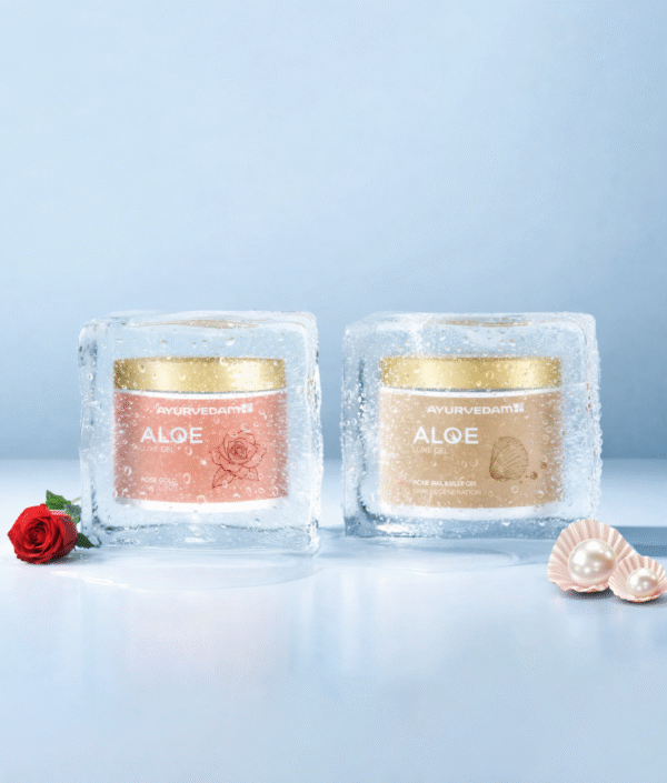 Two jars of Ayurvedam Aloe Rose Gold and Aloe Pearl Silver variants, encased in melting ice blocks with a fresh red rose and saffron strands in the foreground.