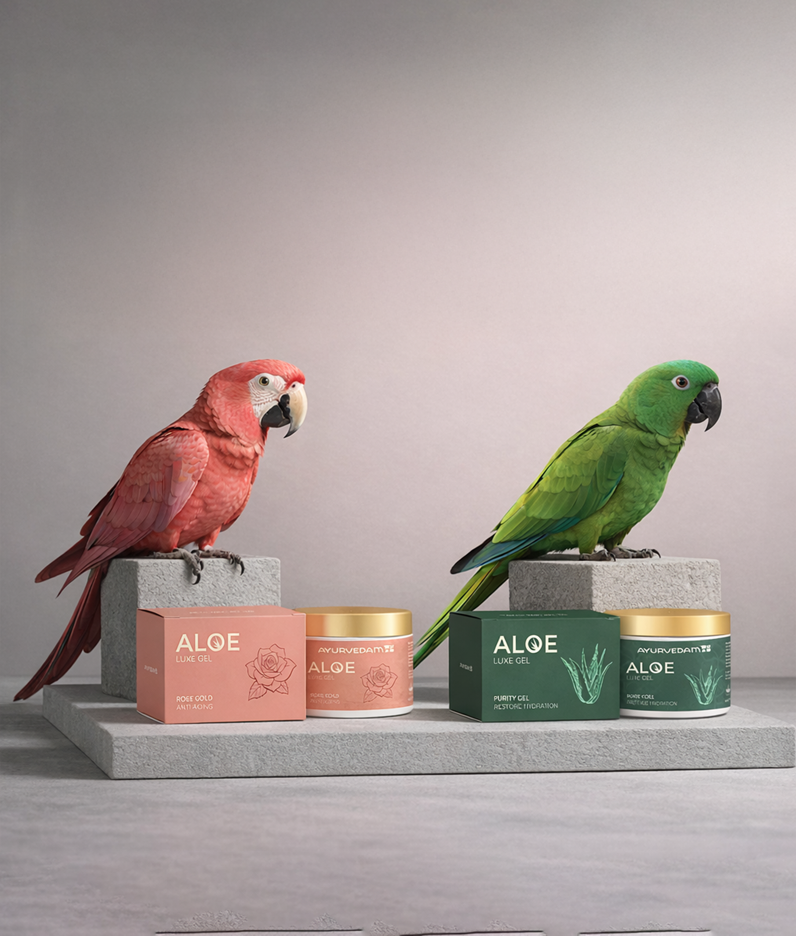 Ayurvedam-Aloe-Luxe-Gel-combo-pack-featuring-Rose-Gold-Anti-Aging-Gel-and-Purity-Hydration-Gel-displayed-with-a-pink-macaw-and-green-parrot-on-stone-pedestals