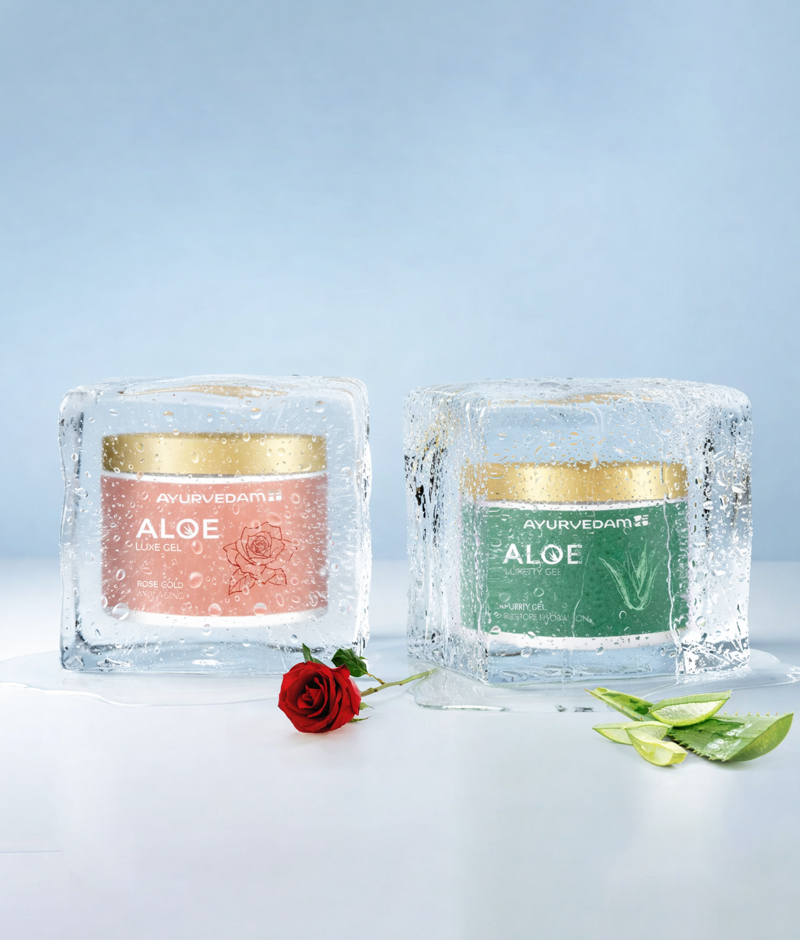 Ayurvedam-Aloe-Luxe-Gel-skincare-duo-with-Rose-Gold-and-Purity-Hydration-jars-encased-in-melting-ice-blocks-to-signify-cooling-relief-and-moisture.