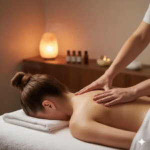 A woman getting a back therapy by an expert therapise at ayurvedam store.