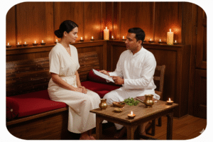 A person is sitting with the Ayurvedams Doctor and getting the consultation of the Netra Tarpan Therapy at Ayurvedam Store.