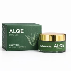 Ayurvedam Aloe Luxe Gel Purity Gel for hydration restoration, featuring a green product box and glass jar with a gold lid.