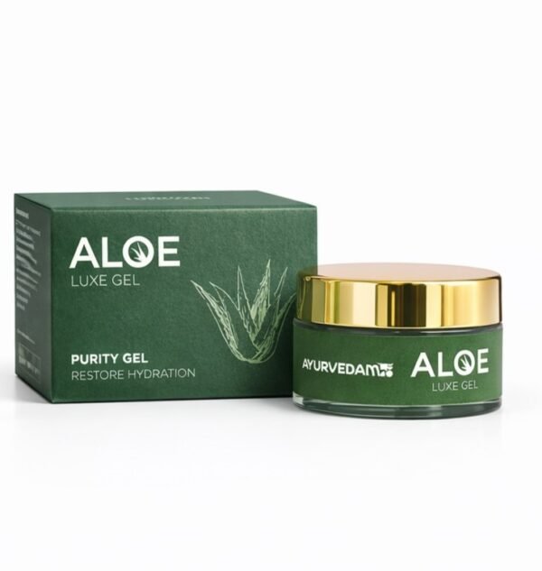 Ayurvedam Aloe Luxe Gel Purity Gel for hydration restoration, featuring a green product box and glass jar with a gold lid.