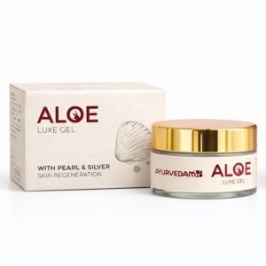Ayurvedam Aloe Luxe Gel with Pearl & Silver for skin regeneration, shown in white and gold premium packaging.