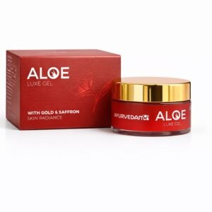 Ayurvedam Aloe Luxe Gel with Gold & Saffron for skin radiance, featuring a red product box and matching glass jar with a gold lid.
