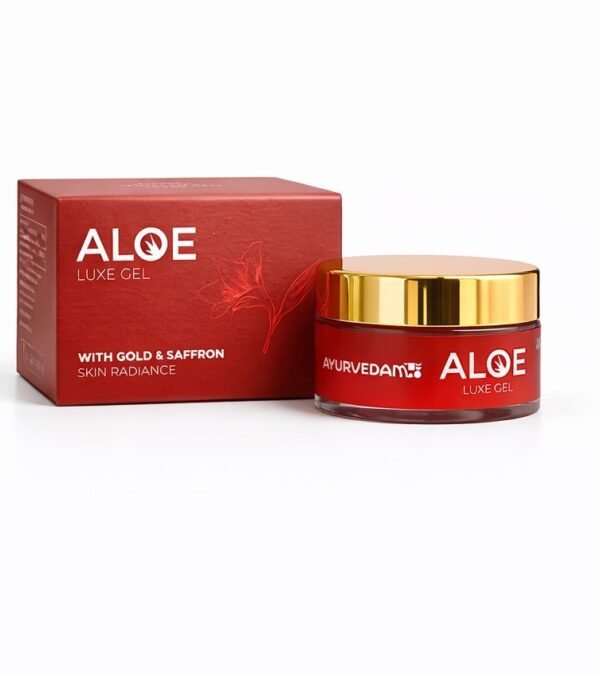 Ayurvedam Aloe Luxe Gel with Gold & Saffron for skin radiance, featuring a red product box and matching glass jar with a gold lid.