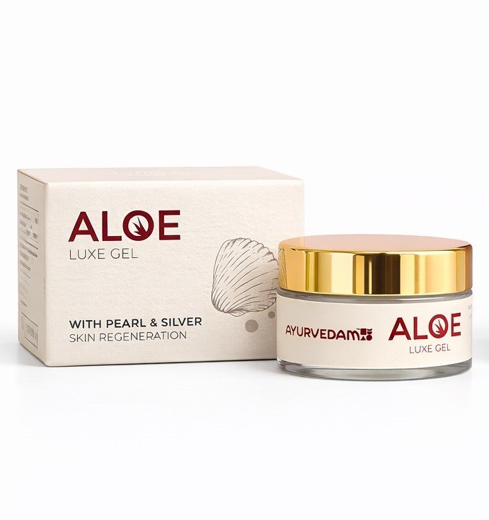 Ayurvedam Aloe Luxe Gel with Pearl & Silver for skin regeneration, shown in white and gold premium packaging.
