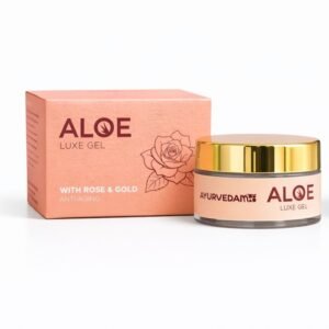 Ayurvedam Aloe Luxe Gel with Rose & Gold for anti-aging, shown in peach-colored packaging with a gold-capped glass jar.