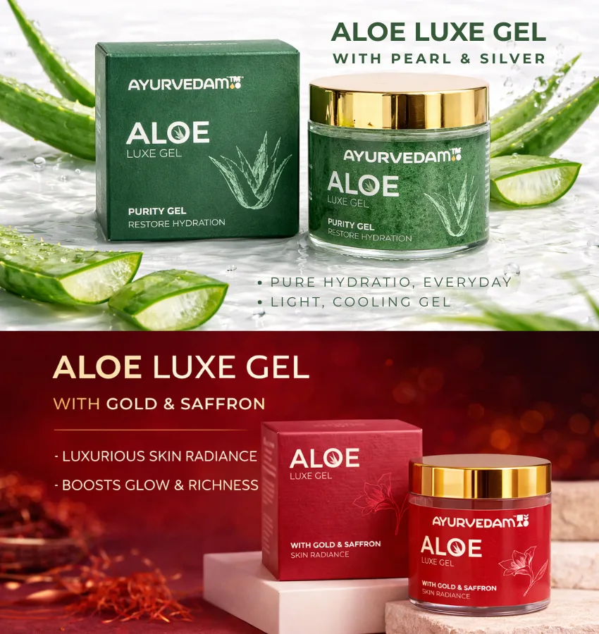 Ayurvedam Aloe Luxe Gel banner featuring the green Purity Gel for hydration and the red Gold & Saffron variant for luxurious skin radiance, set against water splashes and botanical elements.